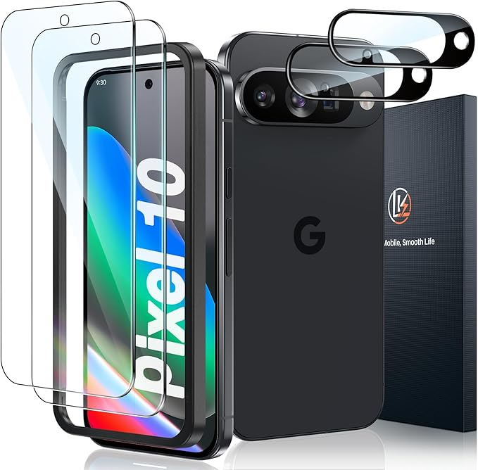 [2+2 Pack] LK 2 Pack Compatible for Google Pixel 10 Tempered Glass Screen Protector + 2 Pack Camera Lens Screen Protector, Easy Installation 9H…