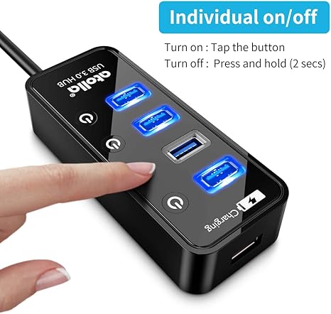 Atolla USB 3.0 Powered Hub – 4-Port SuperSpeed USB Splitter with Charging Port, Independent On/Off Switch, and 5V/3A AC Adapter