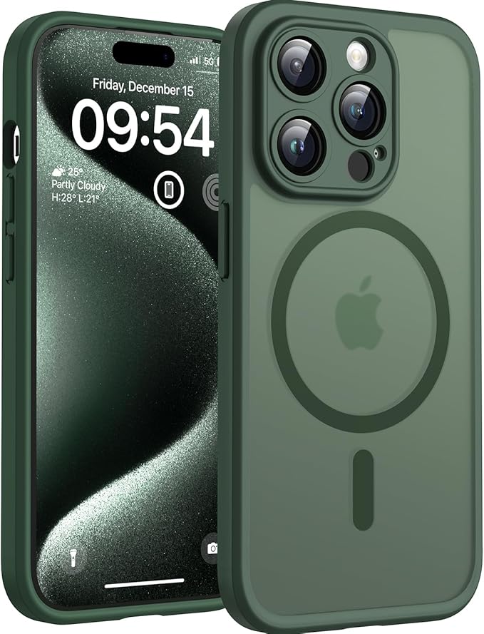 TOCOL Magnetic Matte Case for iPhone 15 Pro (6.1") – MagSafe Compatible, Full Camera Protection, Shockproof Translucent Bumper, Alpine Green