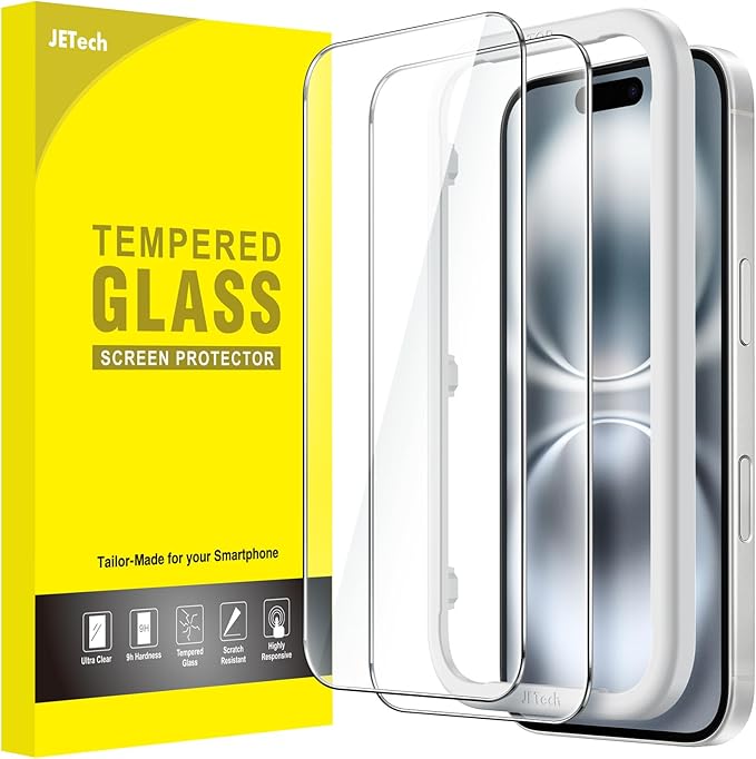 JETech 2-Pack Tempered Glass Screen Protector for iPhone 16 (6.1-Inch) – HD Clear, Case-Friendly with Easy Installation Tool