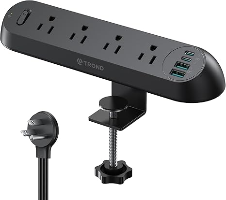 Desk Clamp Power Strip with USB-C PD 20W, Surge Protector, 4 AC Outlets & 4 USB Ports, ETL Listed, 6ft Flat Plug Extension Cord, Fits 1.97" Table…