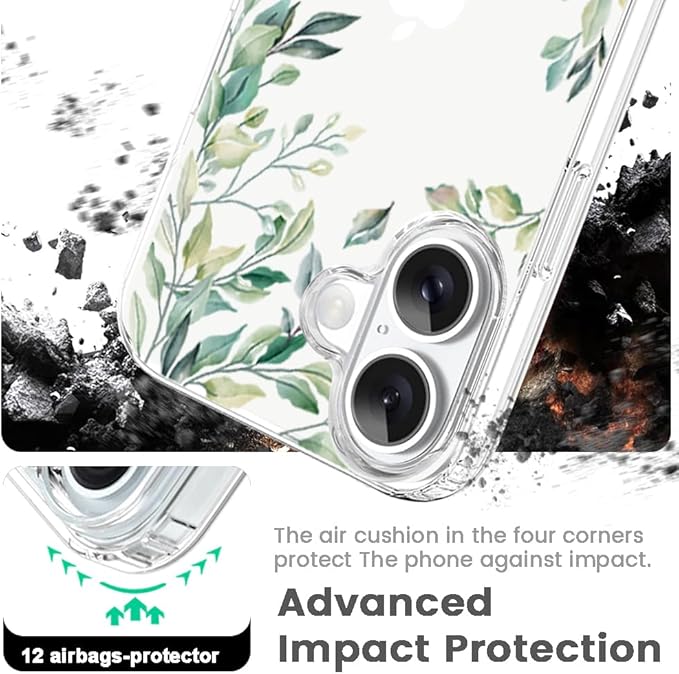 Compatible with iPhone 17 Case, Clear Floral Phone Cover for Women Girls, Cute Green Tree Leaves Flowers Design Slim Shockproof Bumper Drop…